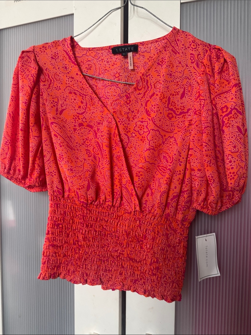 1. State Coral-Pink Paisley Surplice Smocked-Waist Blouse